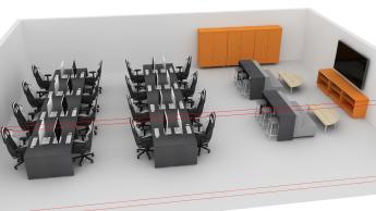 Gaming room with two rows of desks with monitors