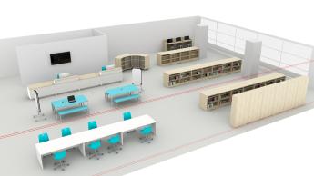 Library with transaction desk and benches