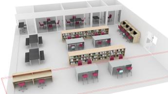 Media center with separate rooms for group work