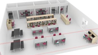Media center with tables for group work