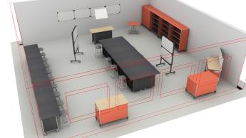 Makerspace classroom with work benches and Sheerline storage