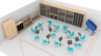 Music room with storage on back walls and chairs in the middle
