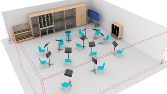Music room with storage on one wall and chairs in the middle