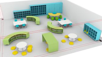 Preschool classroom with sectioned off seating areas
