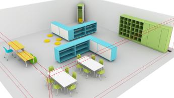Preschool classroom divided by shelving into sections