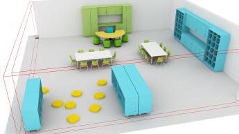 Preschool classroom with tables and floor cushions